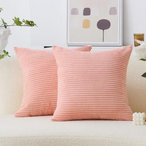 Home Brilliant Pink Pillow Covers 18x18 Set of 2 Decorative Throw Pillows Striped Velvet Corduroy Pillow Covers Set for Couch, 18 x 18 inch, Coral (18" x 18" (Pack of 2))