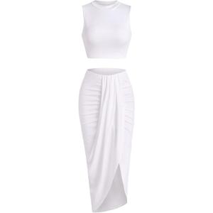 ZAFUL Women's Casual Sleeveless Summer Two Piece Outfits Crop Top and Side Split Draped Ruched Maxi Skirt Set Solid Suiting (B-white)