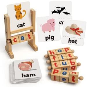 Coogam Wooden Reading Blocks Short Vowel Rods Spelling Games, Flash Cards Turning Rotating Letter Puzzle for Kids, Site Words Montessori Spinning Alphabet Learning Toy for Preschool Boys Girls