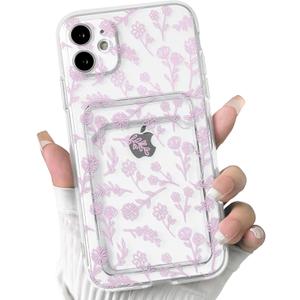 NITITOP Compatible with iPhone 11 Case Clear with Card Holder Cute Flower Floral Leave Pattern for Women Girl Soft TPU Shock-Absorbing Wallet Case Protective Phone Cover - Light Pink