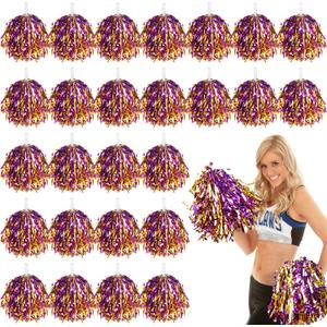 VAIPI 48 Pack Cheerleading Pom Poms Kit with Baton Handle Metallic Foil Squad Team Spirited Fun Cheer Pom Poms Bulk for Kids Adults Cheerleader Gifts Team Spirit Sports Party (Purple & Gold)