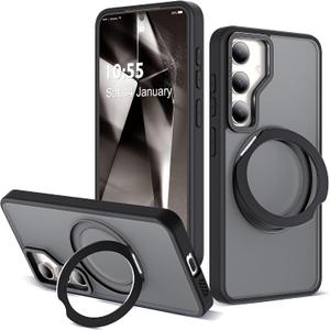 Compatible with Samsung Galaxy S24 Case with 360Rotatable Magnetic Ring Stand Compatible with Mag-Safe Military Protection Shockproof Translucent Phone Case for S24 6.2",Black