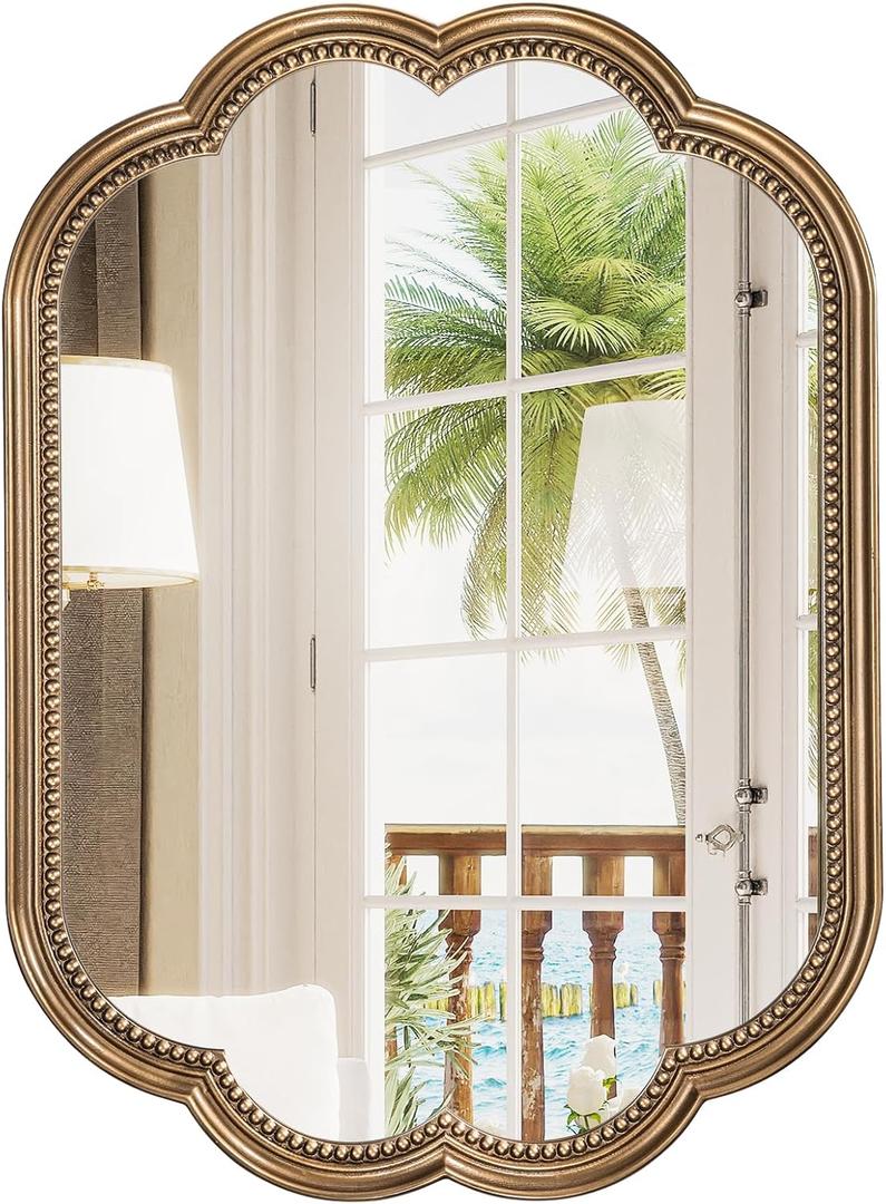 Scalloped Gold Mirror, 23" x 35" Gold Beaded Mirror Vanity, Antique Brass Oval Wooden Large Flower Mirror for Over Sink, Bathroom, Bedroom, Living Room, Fireplace, Entryway