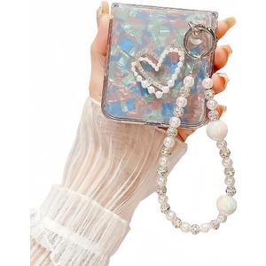 for Motorala Razr 2025/Razr 2024 Case Cute Love Heart Girly Design,Razr 2025 Phone Case Bling Glitter Pearl Back Soft Silicone Bumper with Bead Phone Strap for Moto Razr 2024 for Women Girls White