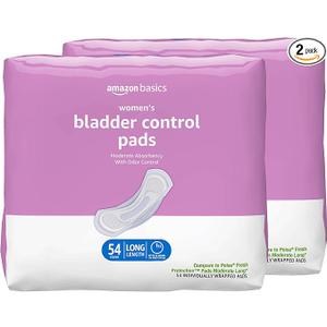 Incontinence Pads for Women Long, Bladder Control, Postpartum, Moderate Absorbency, Unscented, 108 Count (2 Packs of 54)