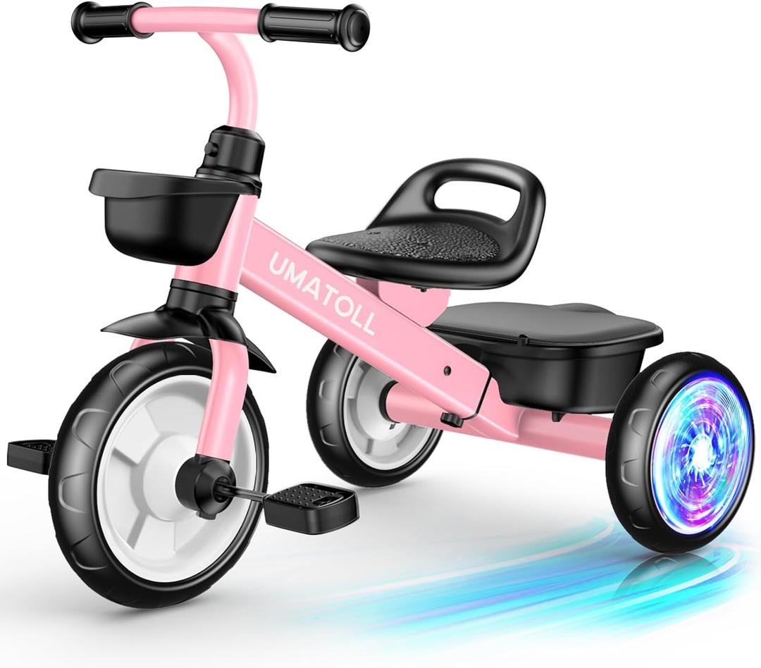 Umatoll Tricycle for Toddlers 2-5 Year Old, Ajustable Toddler Bike Outdoor Toys, Birthday Gift for Girl Age 2-4, Trike with Light up Wheels (Pink)