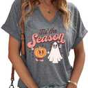 Halloween Shirts for Women Funny Halloween Pumpkin Graphic Short Sleeve Shirt Casual Fall Tee Tops (Large, Grey)
