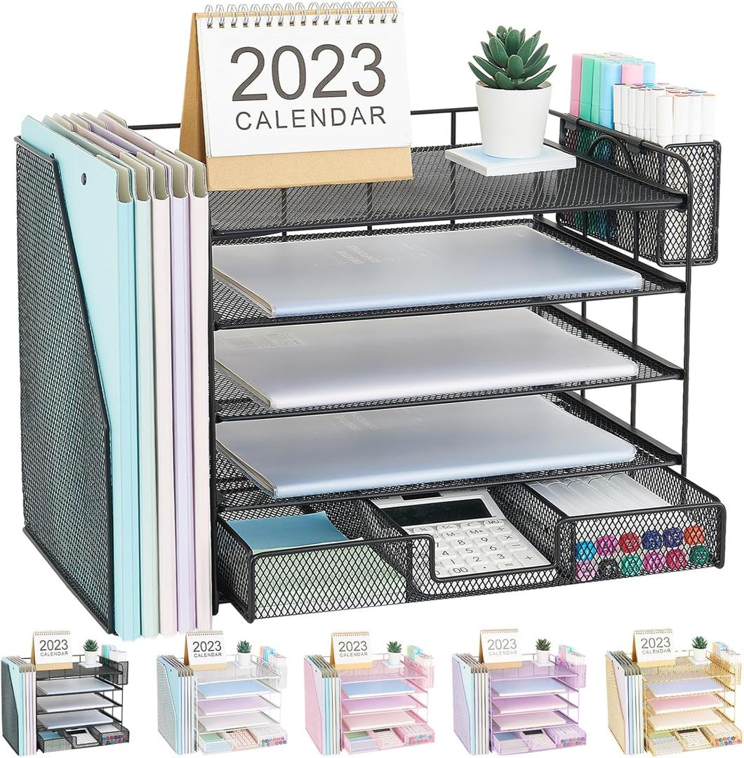 Desk Organizer with File Holder, 5-tier Paper Letter Tray File Organizer with Drawer and Pen Holder, Mesh Desktop Office Organization and Storage for School Home Office Supplies(Black)