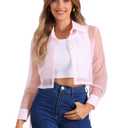 Allegra K Women's See Through Top Long Sleeve Drawstring Hem Button Down Cropped Mesh Sheer Jacket (L)