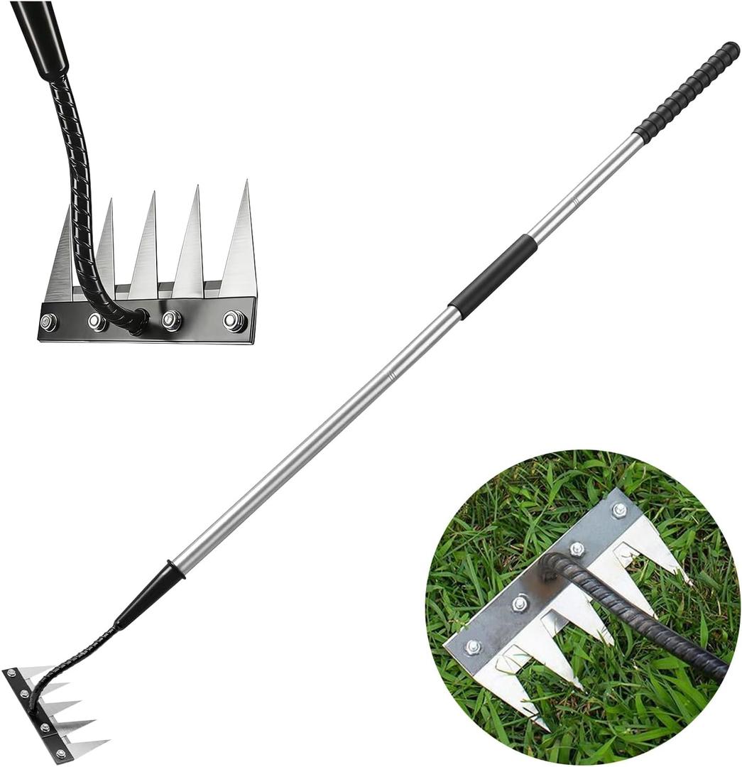 Garden Hand Rake Tool Carbon Steel, Long Handle Weeding Garden Rake, Forged Iron Weeding Rake, Thickened 5 Teeth Carbon Steel Garden Weeding and Leaf Removal Tools