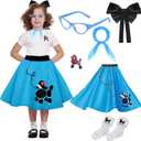 50s Girls Poodle Skirt Kids Sock Hop Outfit, Decades Day Costume - Grease Accessories Bobby Socks, Scarf & Glasses (Blue, 7-10 Yrs)