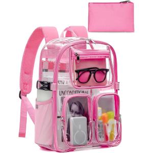 Heavy Duty Clear Backpack for Women Men Boys Girls, Large TPU Clear Bookbag with Accessories, Transparent See Through Backpack for School Sport College Work Travel Security, Pink