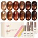 GAOY Brown Cat Eye Fall Gel Nail Polish Set with Magnet, 6 Colors Champagne Mocha Golden Brown Glitter Gel Holography, Long Lasting for Nail Art at Home & Salon Manicure