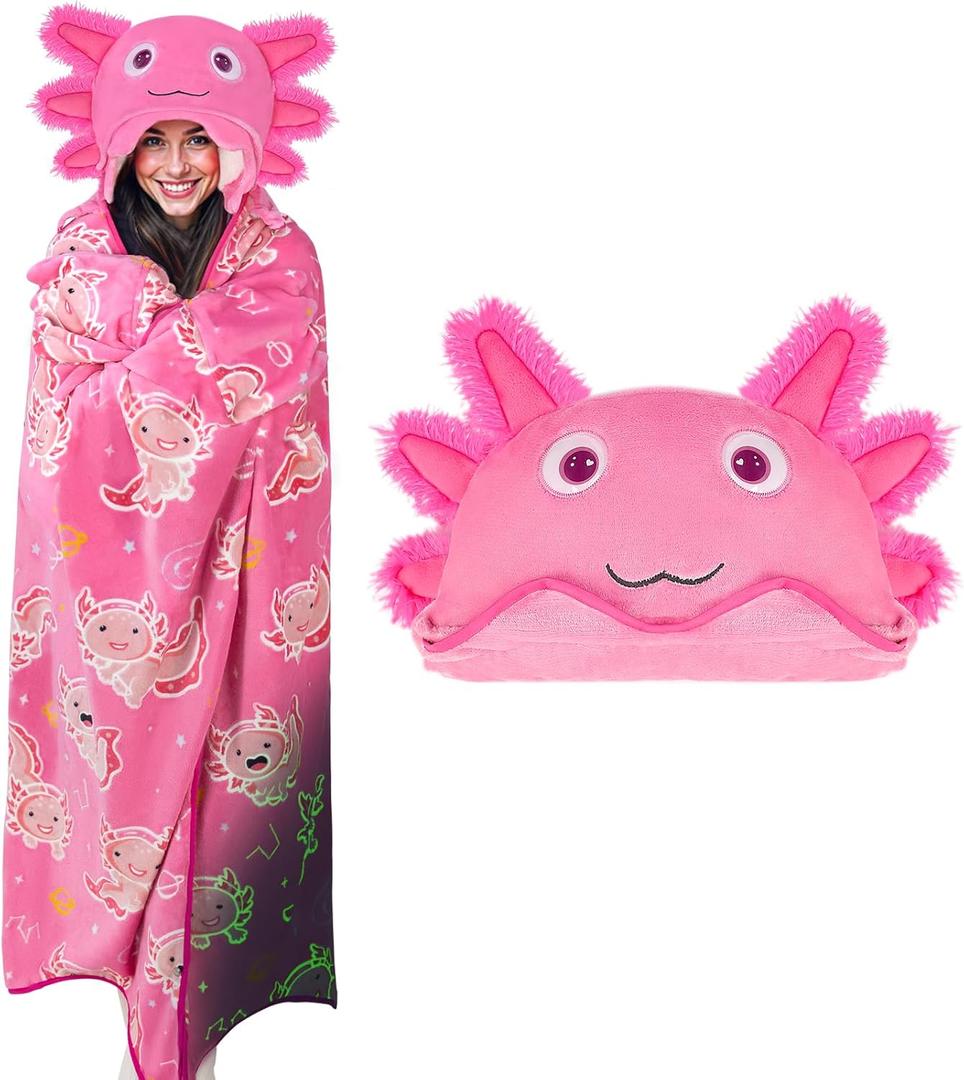 Axolotl Wearable Hooded Blanket for Adults - Glow in the Dark Axolotl Blankets Gifts for Women & Kids, Soft Warm Flannel & Plush Fleece Pink Cozy Hoodie Throw Cloak Wrap (Pattern 01)