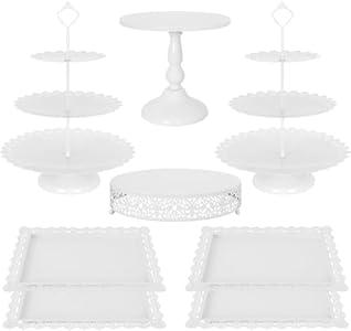 Fivenl 8 Pcs Cake Stand White Metal Dessert Table Display Set, 3-Tier Cupcake Stand, Cake Display Tower and Cookie Tray Rack Serving Tray for Birthday Party, Weddings, Baby Shower (White)