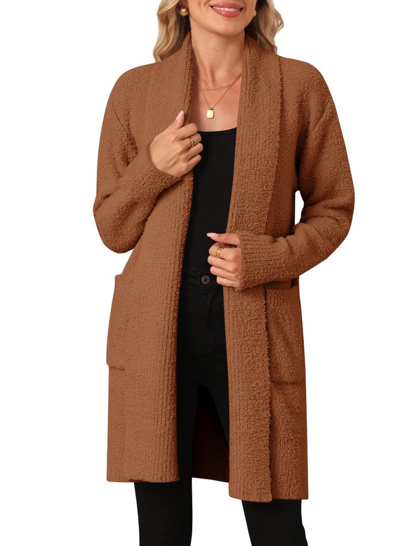 OUKODS Women's Long Sleeve Soft Chunky Knit Sweater Open Front Cardigans Fuzzy Outwear Coat with Pocket, Brown, Large