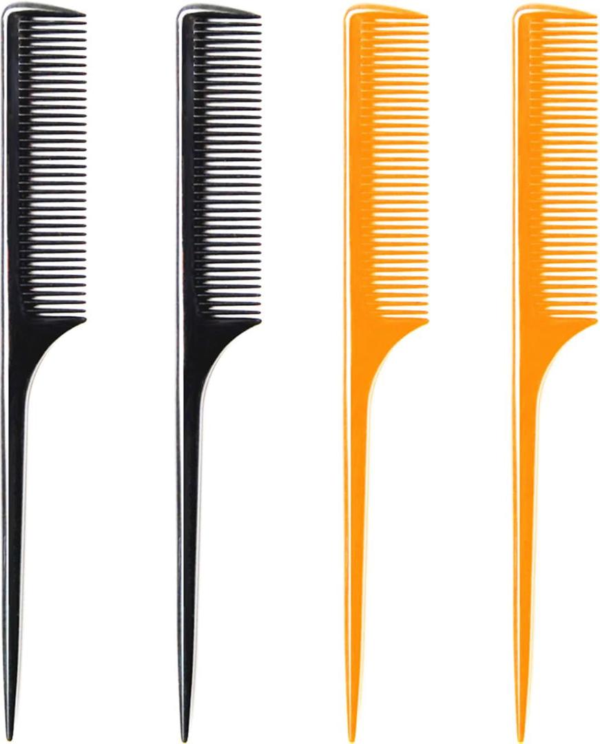 4 Pack Rat Tail Comb 9.25 Inch Fine Tooth Hair Comb for Parting, Sectioning, Teasing & Styling, Long Tail Handle, Heat Resistant Hairdresser Barber Salon Comb for Women Men, Black & Brown