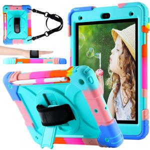 Case for iPad 9th/8th/7th Gen Case 10.2" - Shockproof, 360 Rotating Stand, Hand & Shoulder Strap, Pencil Holder (Colorful Aqua)