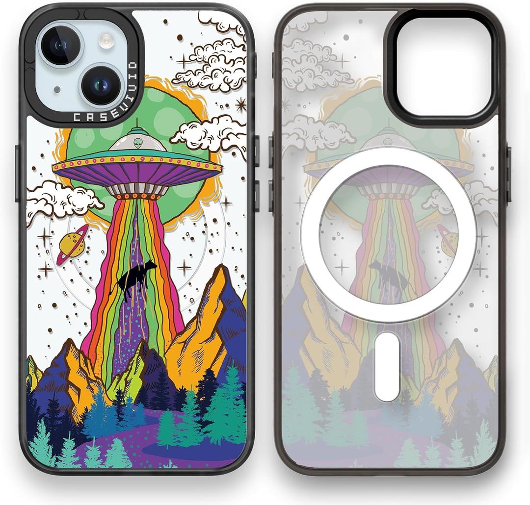 Magnetic for iPhone 15 Magsafe Case Cute Aesthetic - Durable Fashion Funny Phone Case - Girly UFO Pattern Print Cover Design for Woman Girl 6.1 inches Black