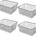 Wire Basket 4 Pcs Wire Storage Baskets Wire Baskets Organizing with Wooden Handles Wire Basket Pantry Organization and Storage Metal Wire Food Storage Basket for Kitchen, Cabinets (Black 4PCS)