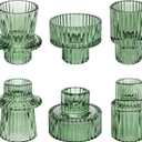 Taper Votive Candle Holder for Pillar Candles Tealight, Candlestick Holder for Wedding Christmas Tea Party, Boho Ribbed Vintage Crystal Glass Table Centerpiece Decor, Bulk Set of 6 (Green)