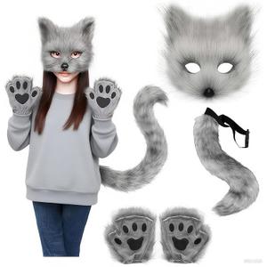 Fox Mask Wolf Fox Tail Cat Cosplay Set: Furry Mask + Paw Gloves + Tail, Ideal for Halloween & Themed Parties