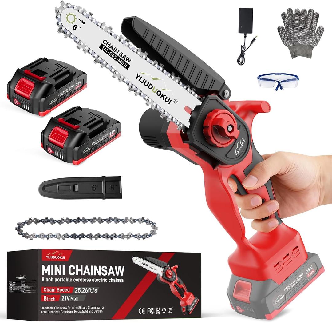Mini Chainsaw Cordless 8 Inch, Portable Electric Chainsaw with Batteries, Small Handheld Battery Powered Chain Saw for Tree Trimming, Wood Cutting, Garden Pruning - Light Red