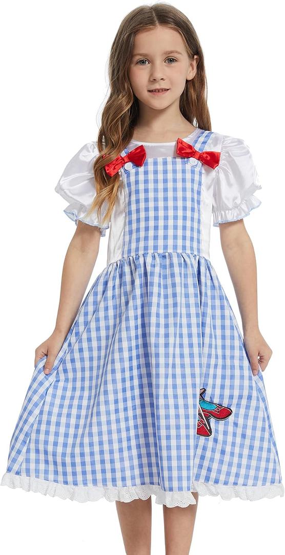 Kids Girls Wizard Costume Fancy Dress Plaid Print Puff Sleeves Gingham Dress (7-8 Years)