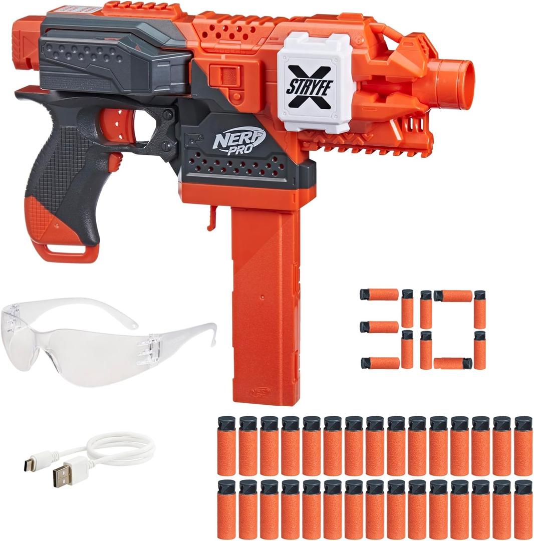 NERF Pro Stryfe X Dart Semi-Auto Blaster, Rechargeable LiPo Battery, 30 AccuStrike Half-Length Darts, 15-Dart Magazine, 150 FPS, Eyewear, 14+