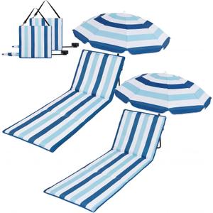 Briwooody 2 Set Beach Chairs with Umbrella Portable Beach Lounger Lightweight Foldable Outdoor Lounger Chair for Outdoor Travel Sunbathing Camping,Gradient Blue Stripe
