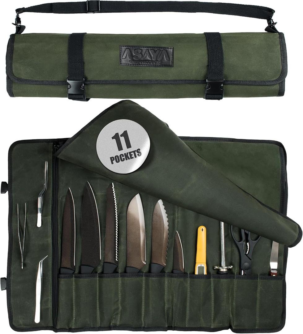 Asaya Waxed Canvas Chef Knife Roll Bag with 10 Slots and a Zipper Pocket - Professional Chef Knife Bag & Storage Case, with Shoulder Strap - Knives Not Included (Forest Green)
