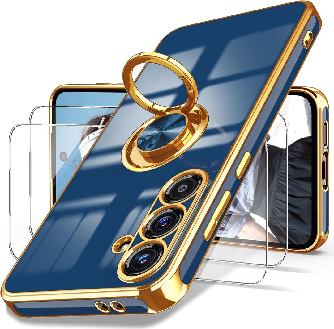 3 x Dretal for Samsung Galaxy A36 5G Case, Galaxy A36 5G Case with Screen Protector, 360 Rotatable Ring Holder Magnetic Kickstand,Plated Gold Edge Slim Soft TPU Protective Phone Cover (Blue, ZH)