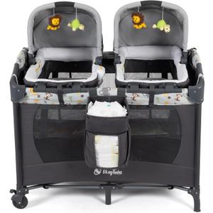 Twin Bassinet & Full-Size Infant Bassinet & Playard for Baby, Includes 2 Removable Rock-A-Bye Portable Bassinets with Storage Bags, Light Gray
