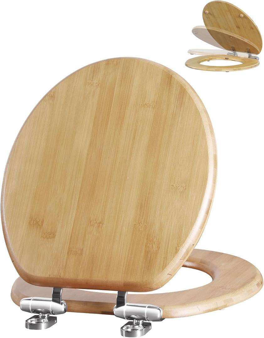 Angol Shiold ROUND Bamboo Toilet Seat with Quick Release Soft Close Adjustable Zinc Alloy Strong Hinges, Light, Easy to Install & Clean, Up to 400 lbs (Round 16.5", Natural Bamboo)