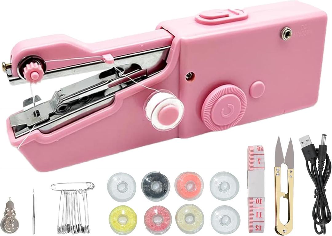 Handheld Sewing Machine Electric Sewing Mini Portable Sewing Machine Suitable for Beginners Sewing Clothes Family Travel DIY(PINK)