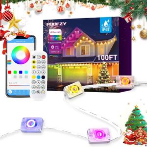 POOFZY Permanent Outdoor Lights for House, 100ft RGB+IC Smart Outdoor Decor, 50 Scene Modes, App/ Remote Control, IP67 Waterproof, for Christmas, Holiday, Daily & Pool Party Decor, House Roof Lighting