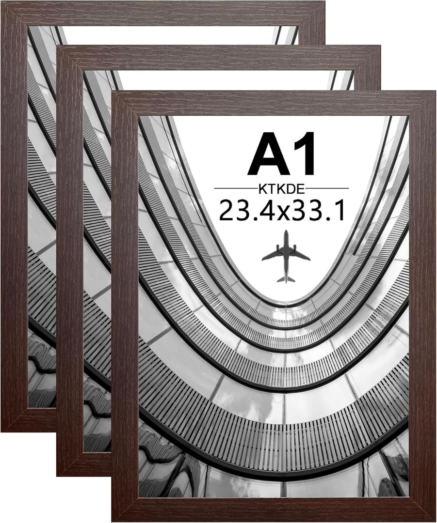 KTKDE A1 Poster Frame 3 Pack, 23.4x33.1 Walnut Wooden, Vertical & Horizontal Wall Hanging Large Picture Frame for Photos, Posters & Art Prints Perfect For Best Gifts And Home Decor