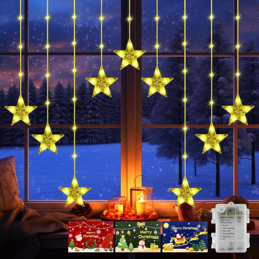 GLOONITY Fairy Lights for Festive Decoration, LED String Lights, IP65 Waterproof 9 Stars Curtain Lights Battery Operated with Timer 8 Mode, Warm White LED Lamps for Outdoor Use