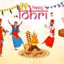 CORFOTO 7x5ft Fabric Happy Lohri Festival Backdrop Cartoon Indian People Punjabi Religious Holiday Background for Harvesting Festival Party Decorations Banner Kids Adults Photo Props