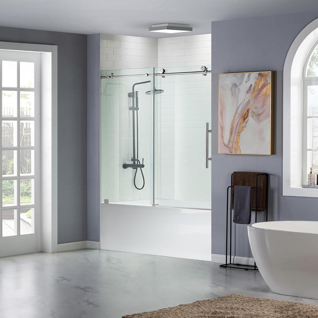 WOODBRIDGE MBSDC 6062-C Frameless Bathtub Shower Doors 56-60" Width x 62" Height with 3/8"(10mm) Clear Tempered Glass in Polished Chrome Finish