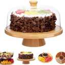 Bamboo Cake Stand with Lid, 6-in-1 Multifunctional Cake Plate, Cake Holder, Serving Tray, Fruit Platter, Salad Bowl, Dessert Table Display & Acrylic Cake Dome Cover (Wood)