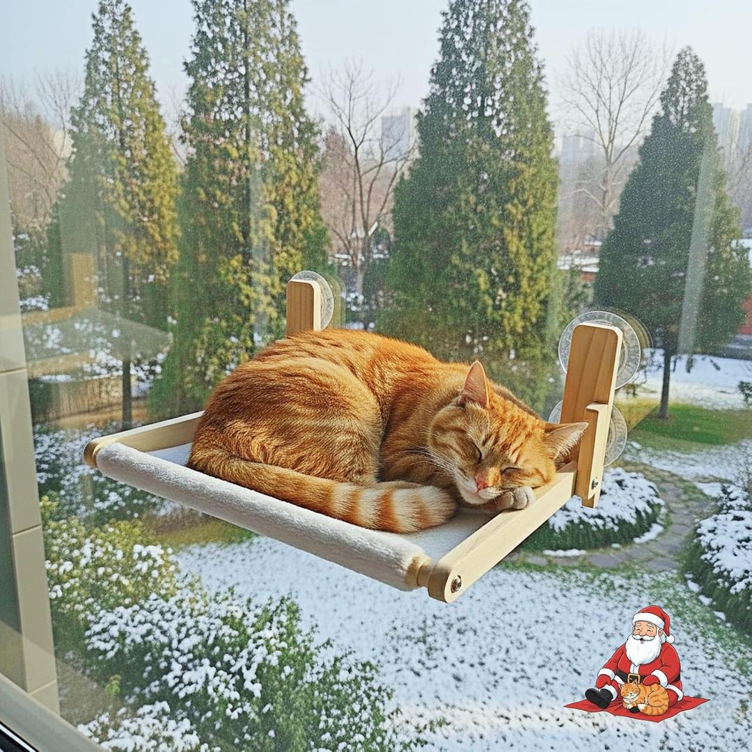 Foldable Cat Window Perch, Natural Wood, 16.5 inches*12 inches Hammock, 35 lbs Weight Limit, Cat Window Hammock for Small Size Windows