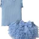 SUNNY PIGGY Newborn Baby Girl Clothes Toddler Ruffle Romper Top Infant Skirt Set (Blue)