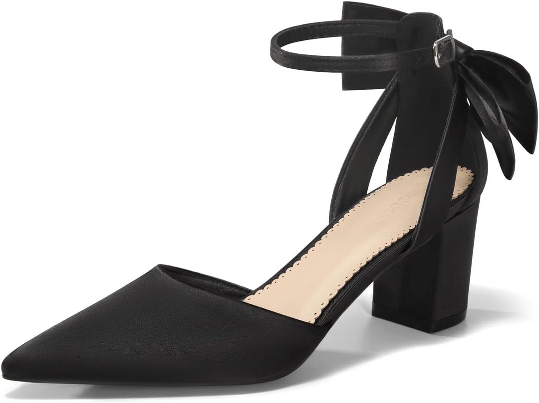 Coutgo Women's Chunky Heels Ankle Strap Pointed Toe Pumps (10, Black)