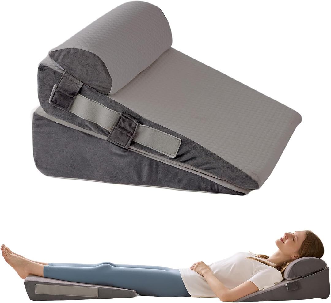 3Pcs Wedge Pillow Set for After Surgery,Acid Reflux Relief, Adjustable Bed Wedge Pillows for Sleeping,Anti Snore, Memory Foam Triangle Pillow for Back&Neck&Shoulder Pain Relief, Grey (12 IN+1 Head pillow)