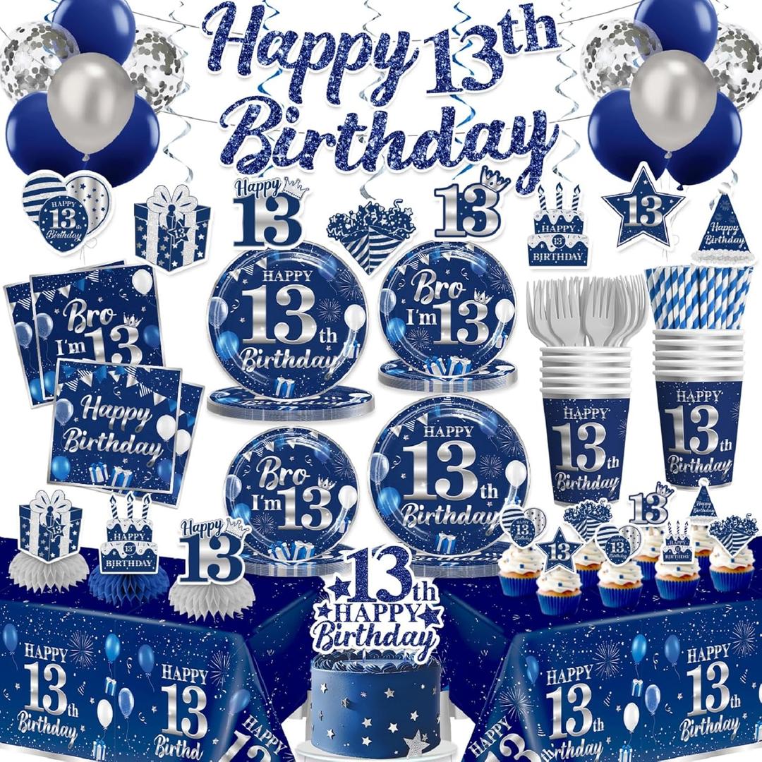 206Pcs 13th Birthday Decorations for Boys, 13 Birthday Boy Tableware Set with Plates and Napkins Serves 25, Tablecloths and Balloons for Teenager Birthday Decorations 13th