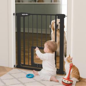 30 Inch Tall Dog Gate with Cat Door, Adjustable Width (29.7-45.2 Inches) for Doorways, Hallways & Stairs, Pressure-Mounted Walk-Through Dog Gate with Auto-Close & Double Lock Safety（Black）