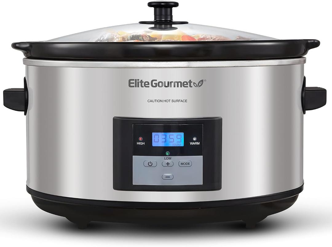 Elite Gourmet MST-900D 8.5Qt Digital Programmable XL Jumbo Slow Cooker, Adjustable Temp, Entrees, Sauces, Stews & Dips, Dishwasher Safe Glass Lid & Crock, Stainless Steel, 8.5 Quarts