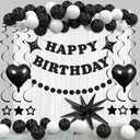 Black Birthday Decorations for Boys Girls, Black White Party Decoration Including Banner, Circle Dot Garland, Fringe Curtain Background,Balloons Arch Kit for Men Women.