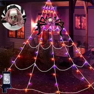 Halloween Decoration Outdoor Giant Lighted Spider Web with Skull Spider, 9.8 ft x 9.8 ft 80 LED Orange and Purple Halloween Lights Triangular Spider Web for Yard Lawn Porch Haunted House Decor